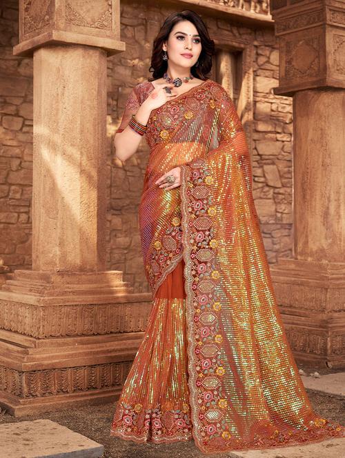 orange net sequence embroidered saree - 19512782 - Very Small Image - 1