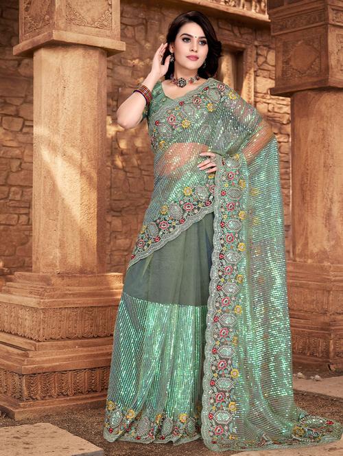 sea green net sequence embroidered saree - 19512783 - Very Small Image - 1