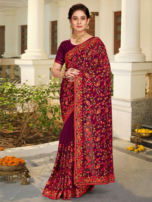 purple georgette embroidered saree with blouse - 19512791 - Very Small Image - 1