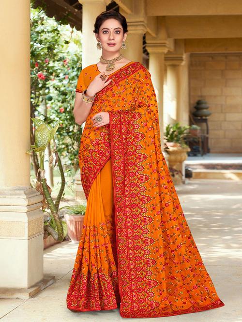 orange georgette embroidered saree with blouse - 19512795 - Very Small Image - 1