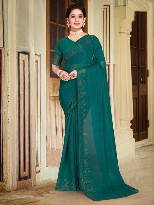 teal chiffon plain saree - 19512816 - Very Small Image - 1