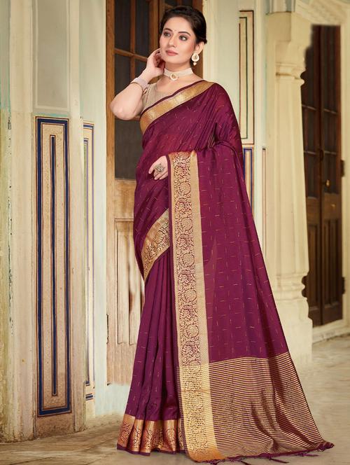 purple silk printed golden bordered saree with blouse - 19512823 - Very Small Image - 1