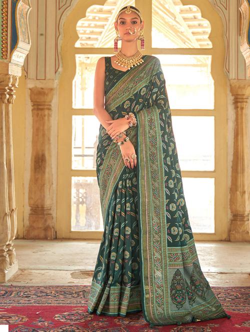 green silk printed saree - 19512831 - Very Small Image - 1