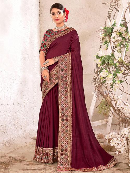 purple silk solid bordered saree - 19512856 - Very Small Image - 1