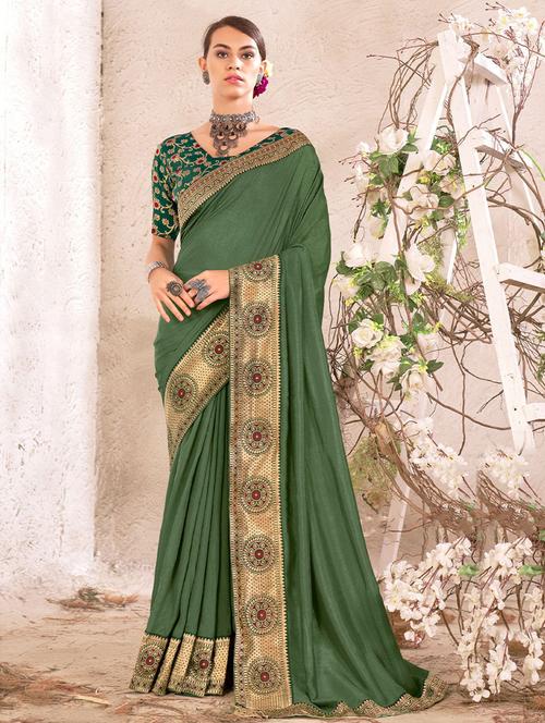 green silk solid bordered saree with blouse - 19512857 - Very Small Image - 1