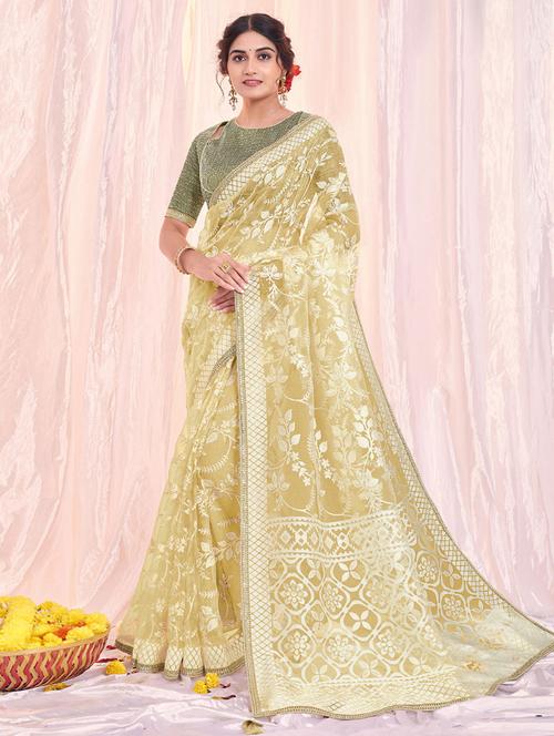 cream tissue self design woven saree with blouse - 19512863 - Very Small Image - 1