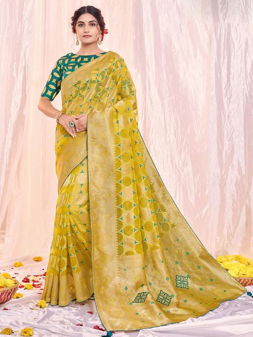 yellow organza self design woven saree with blouse - 19512868 - Very Small Image - 1
