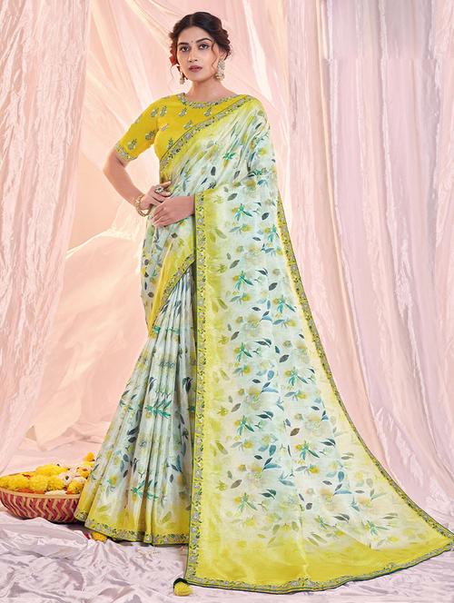 white cotton blend printed saree with blouse - 19512870 - Very Small Image - 1