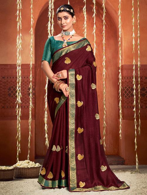 brown silk woven bordered saree with blouse - 19512877 - Very Small Image - 1