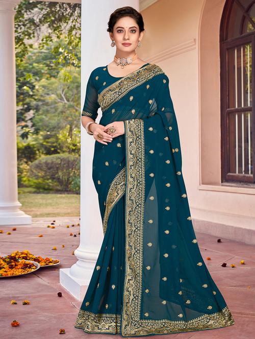 teal georgette embroidered saree - 19512890 - Very Small Image - 1