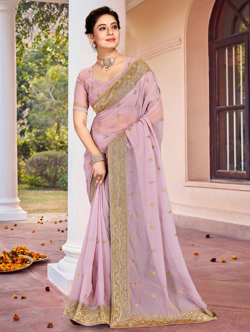 lavender georgette embroidered saree with blouse - 19512892 - Very Small Image - 1