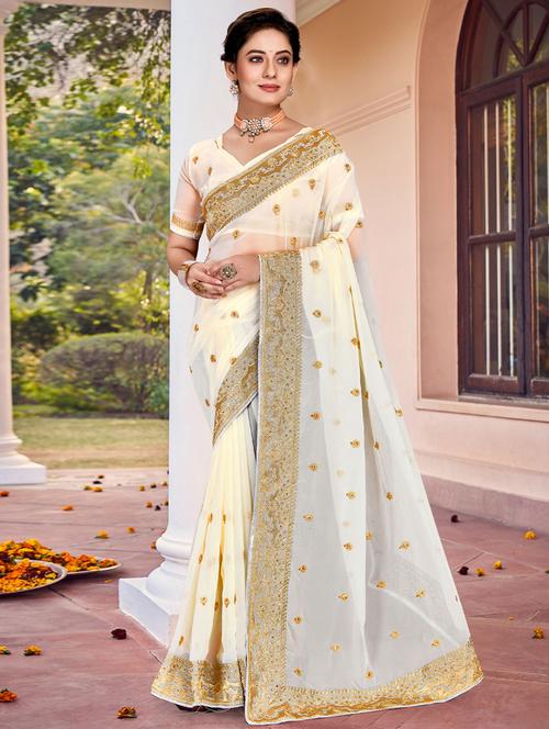 cream georgette embroidered saree - 19512896 - Very Small Image - 1