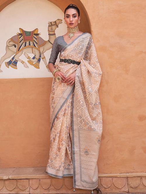 cream cotton blend printed saree with blouse - 19512909 - Very Small Image - 1