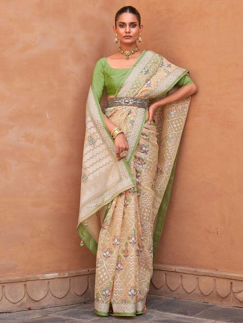 green cotton blend printed saree with blouse - 19512910 - Very Small Image - 1