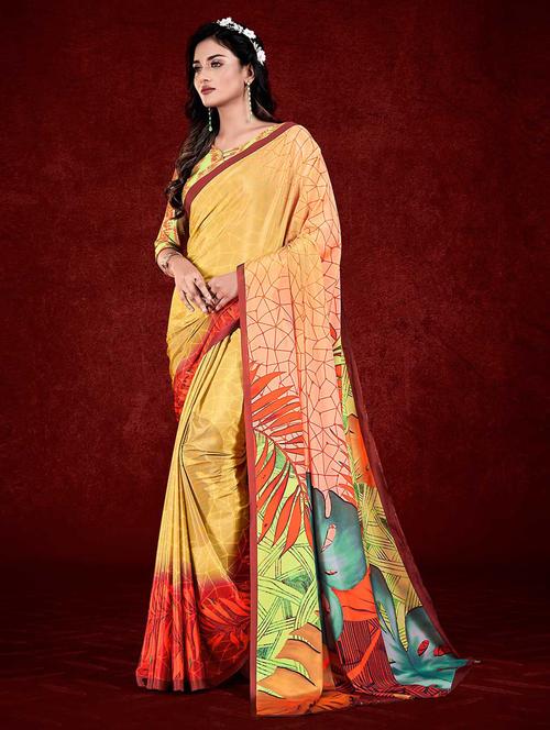yellow crepe printed saree with blouse - 19512929 - Very Small Image - 1