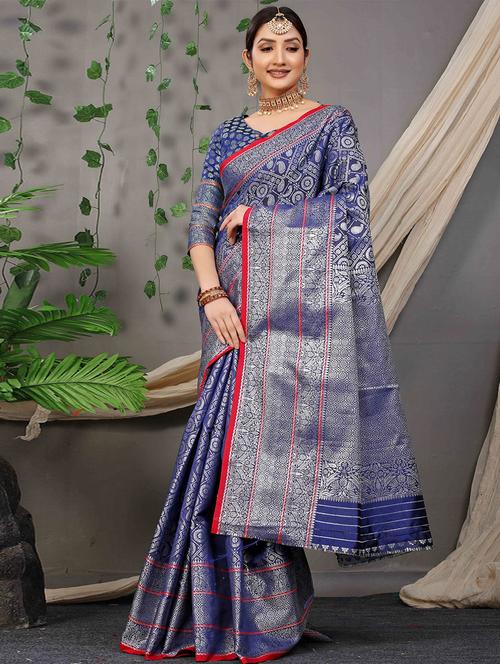 blue self design woven saree with blouse - 19512949 - Very Small Image - 1