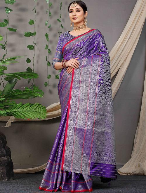 purple self design woven saree with blouse - 19512951 - Very Small Image - 1
