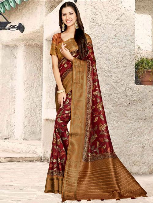 marron silk printed saree with blouse - 19512967 - Very Small Image - 1