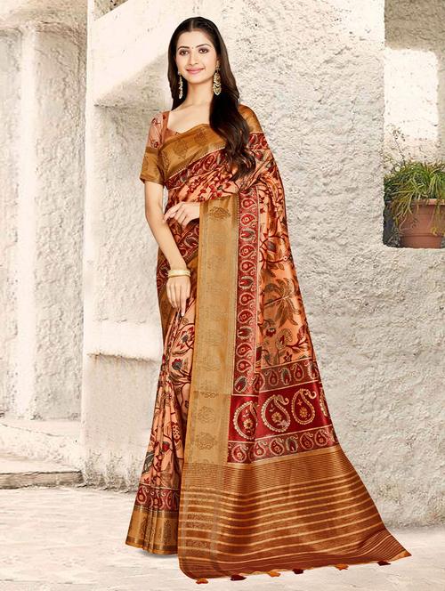 beige silk printed saree with blouse - 19512968 - Very Small Image - 1