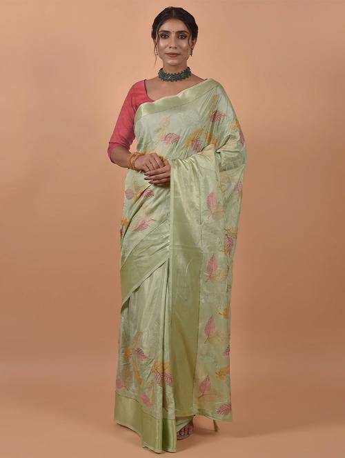 green satin self design woven saree with blouse - 19512986 - Very Small Image - 1