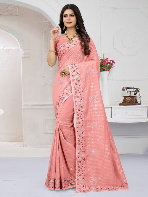 pink self design embroidered saree with blouse - 19513020 - Very Small Image - 1