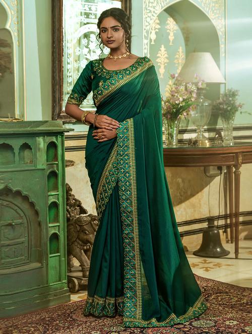 green silk solid border saree with blouse - 19513030 - Very Small Image - 1