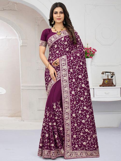 purple silk embroidered saree with blouse - 19513032 - Very Small Image - 1
