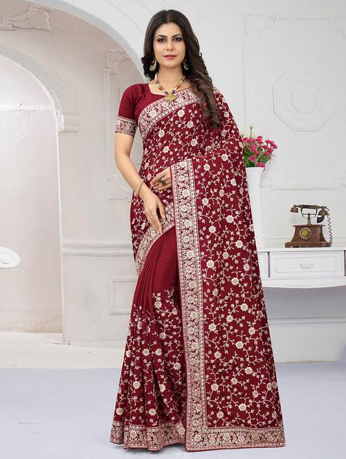 maroon silk embroidered saree with blouse - 19513035 - Very Small Image - 1