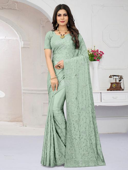 green silk embroidered saree with blouse - 19513044 - Very Small Image - 1