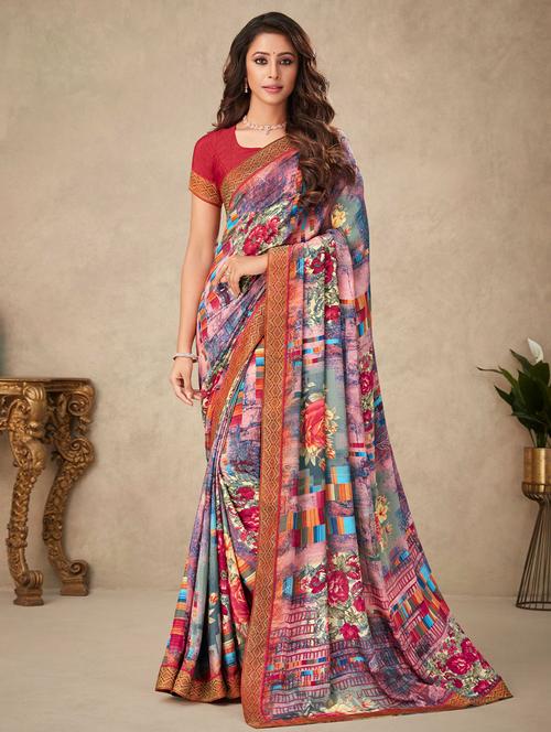 multi colored silk printed saree with blouse - 19513056 - Very Small Image - 1