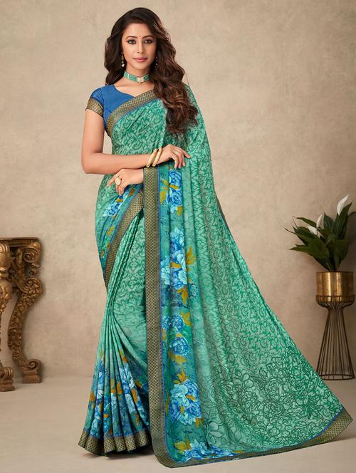 green silk printed saree with blouse - 19513061 - Very Small Image - 1