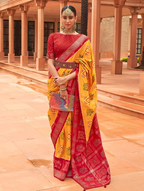yellow silk patola print saree with blouse - 19513067 - Very Small Image - 1