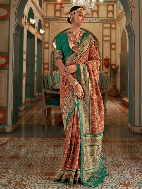 orange printed saree with blouse - 19513074 - Very Small Image - 1