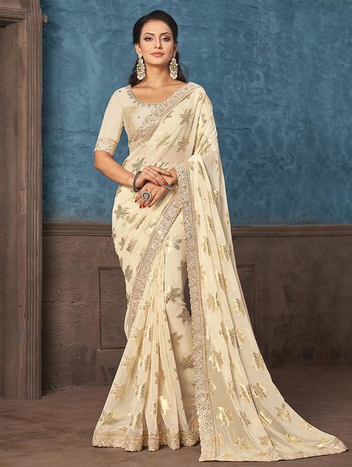 cream georgette woven foil print saree - 19513082 - Very Small Image - 1