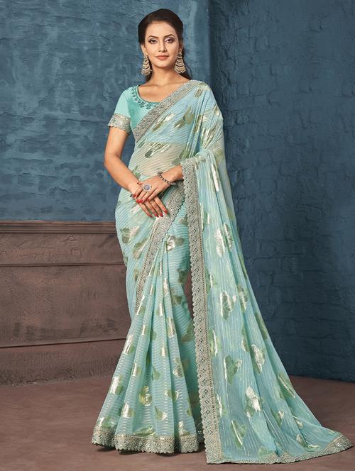 light blue printed bordered saree with blouse - 19513084 - Very Small Image - 1