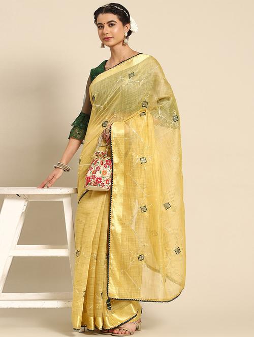 yellow cotton woven self design saree with blouse - 19513139 - Very Small Image - 1