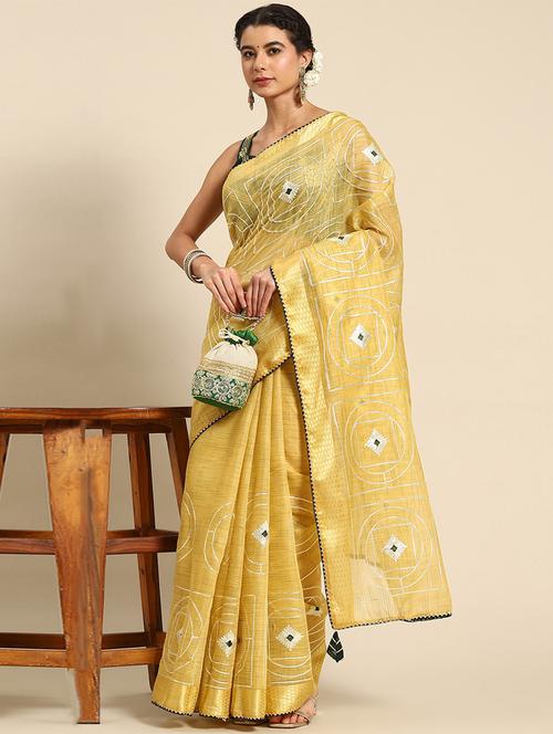 yellow cotton woven self design saree with blouse - 19513152 - Very Small Image - 1