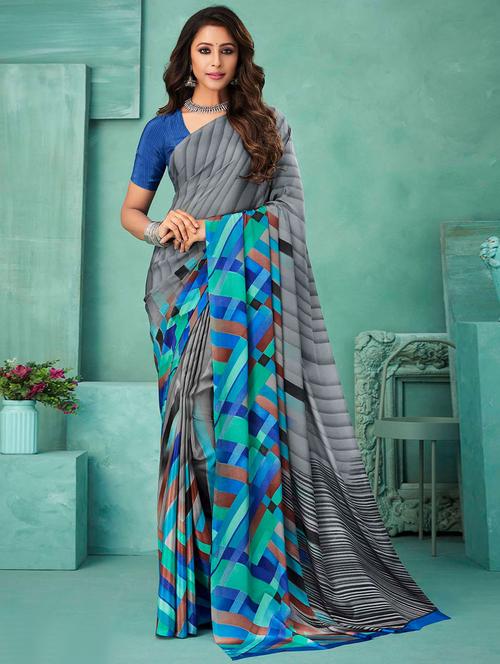 grey silk printed saree with blouse - 19513159 - Very Small Image - 1