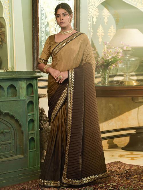 brown silk bordered self design saree with blouse - 19513176 - Very Small Image - 1