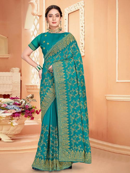 turquoise georgette embroidered saree with blouse - 19513196 - Very Small Image - 1