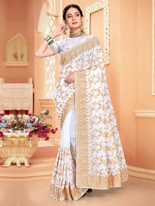 white georgette embroidered saree with blouse - 19513201 - Very Small Image - 1