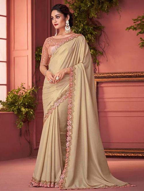 beige solid saree with blouse - 19513210 - Very Small Image - 1