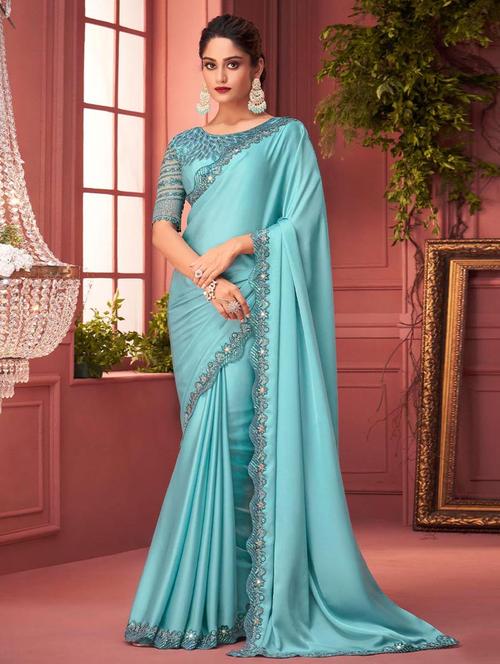 turquoise solid saree with blouse - 19513212 - Very Small Image - 1