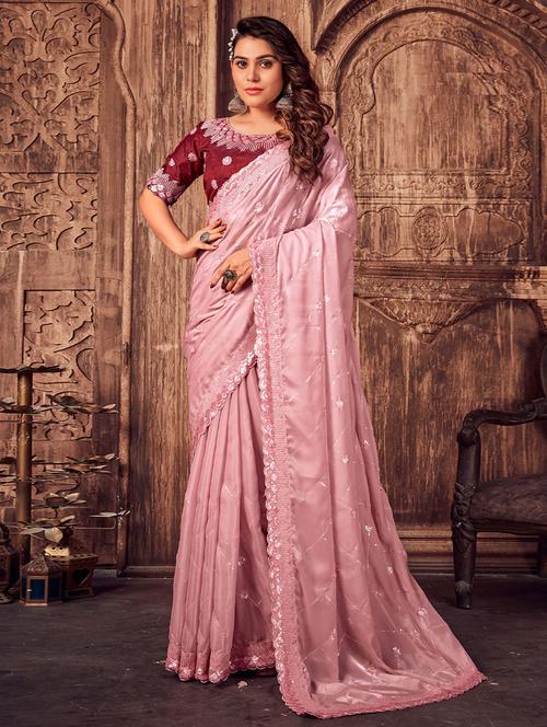 pink satin saree with blouse - 19513278 - Very Small Image - 1