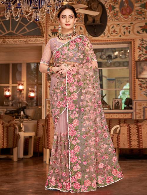 net embroidered saree with blouse - 19513325 - Very Small Image - 1