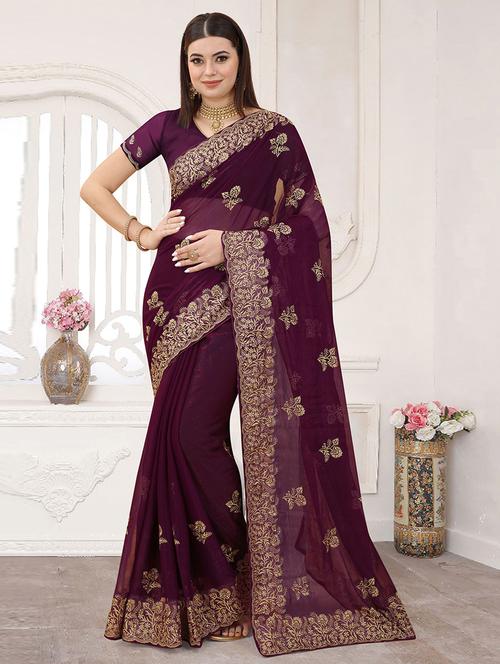 red embroidered saree - 19513418 - Very Small Image - 1
