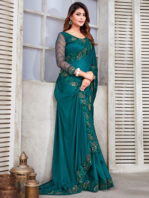 turquoise satin saree with blouse - 19513426 - Very Small Image - 1