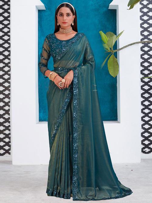 turquoise solid silk saree with blouse - 19513457 - Very Small Image - 1