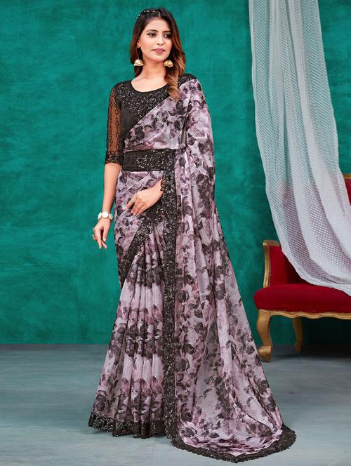 purple printed saree with blouse - 19513460 - Very Small Image - 1