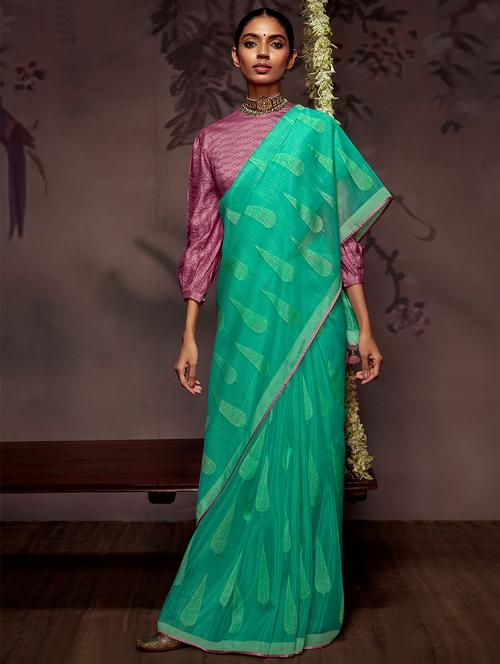 green bishop sleeves saree with blouse - 19513475 - Very Small Image - 1